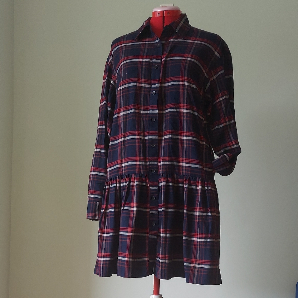 Uniqlo Red and Navy Plaid Drop-Waisted Mini Dress